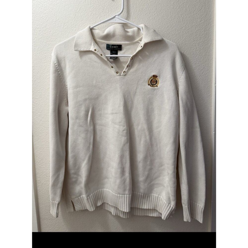 Lauren Ralph Lauren VTG Womens L White 100% Cotton Knit Collared Pullover Logo